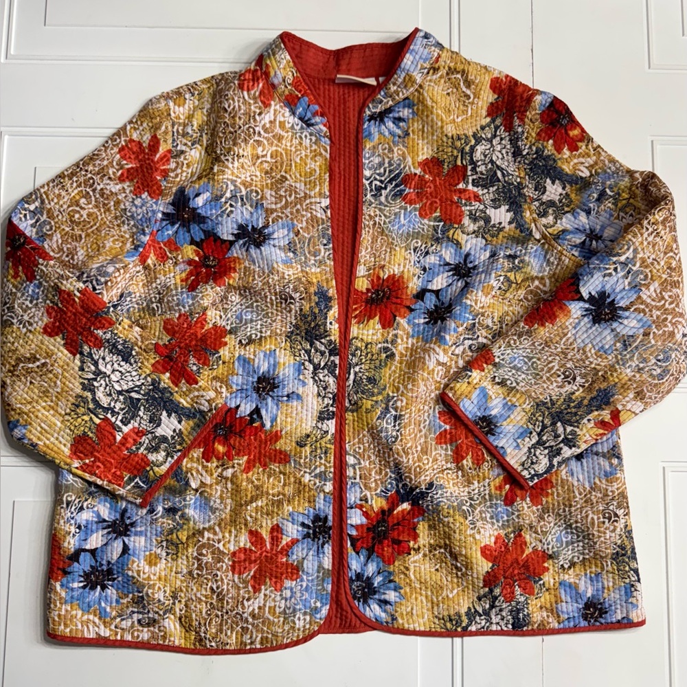 Quilted Alfred Dunner Womens Size 20W Open Front Yellow Red Floral Blazer Jacket